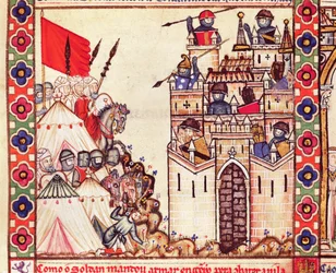 (dettaglio) Cantiga 28 che raffigura soldati che circondano Costantinopoli in mano ai cristiani, scritto in galiziano per Alfonso X